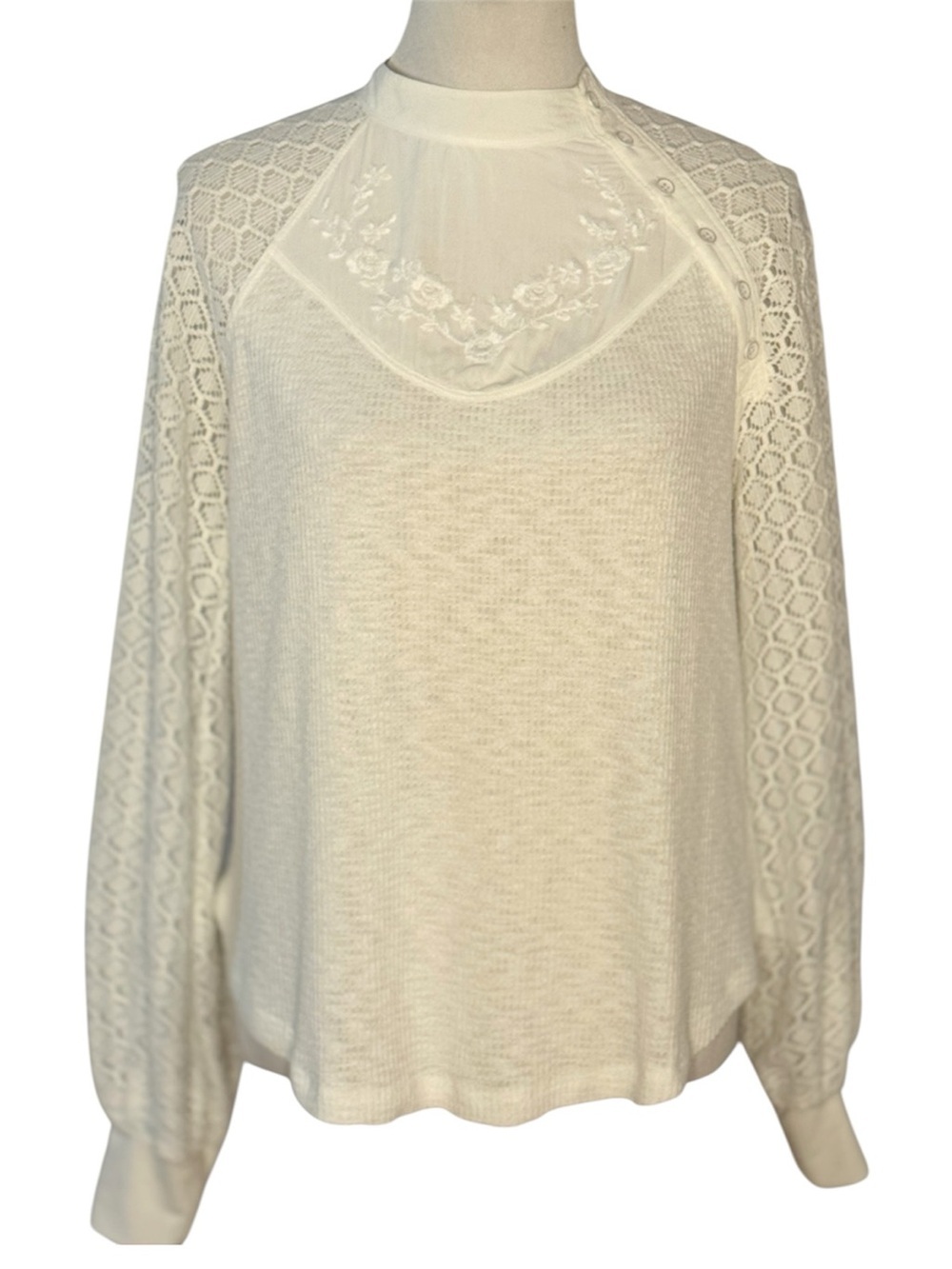 Free People Sweetest Thing Thermal Top Ivory Lace Sleeve Boho Cottagecore